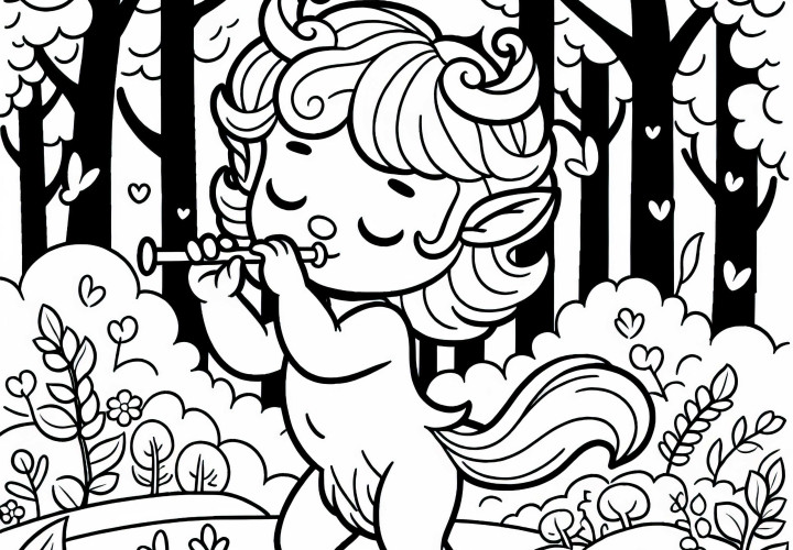 Faun joue de la flûte et danse sur une clairière – Dessin à colorier gratuit