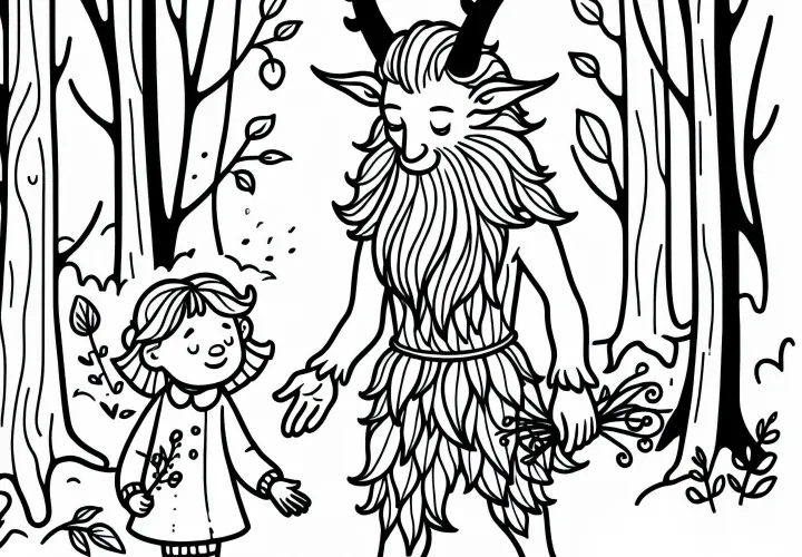 Le faune montre à l'enfant le chemin à travers la forêt - Coloriage gratuit