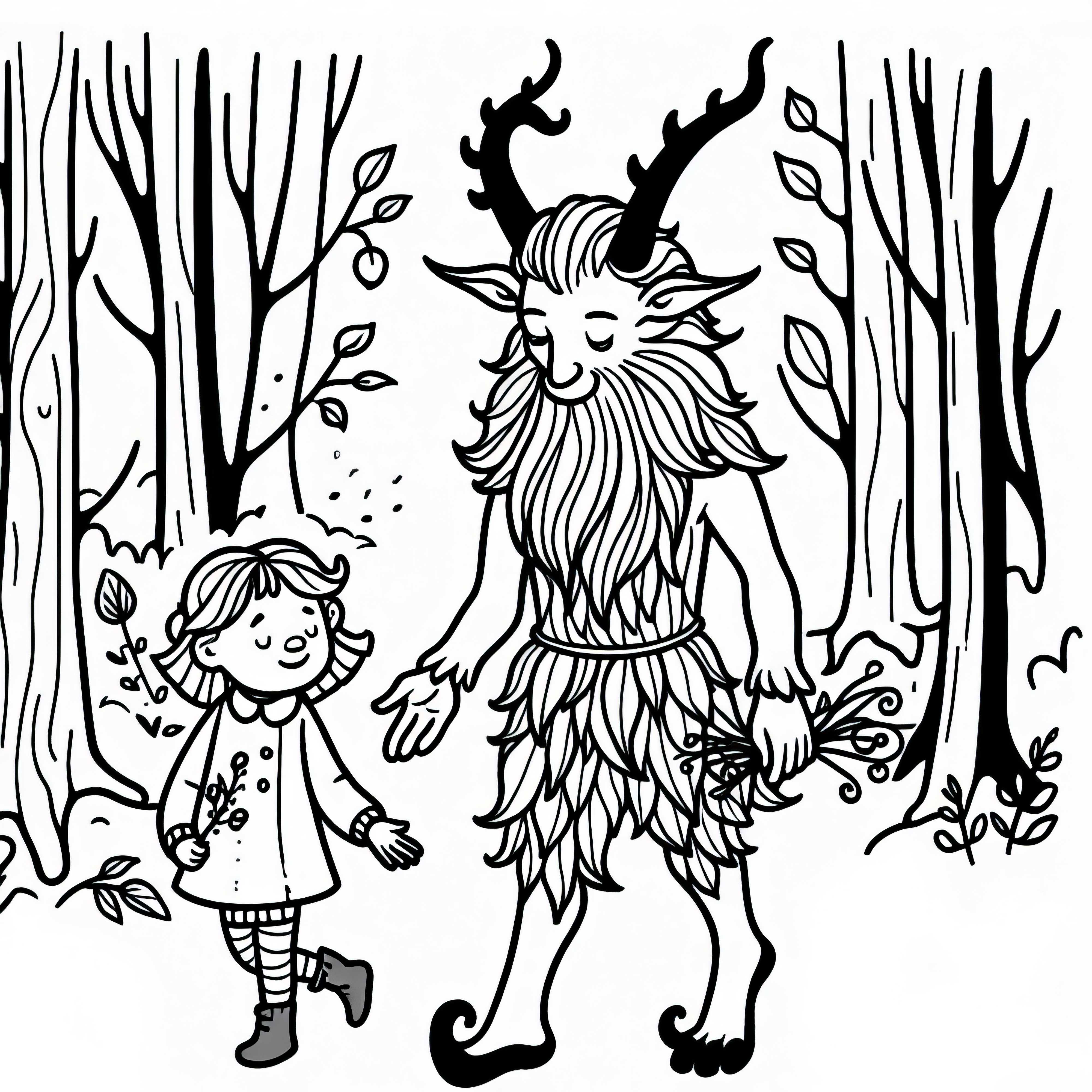 Le faune montre le chemin à l'enfant à travers la forêt - page à colorier gratuite