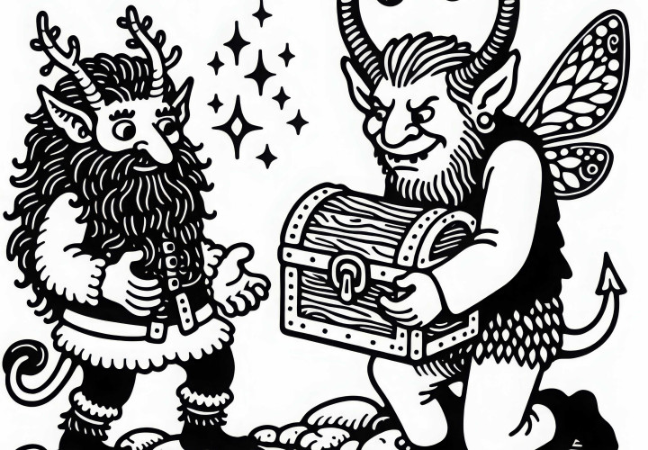 Fauve se dispute avec un troll au sujet d'un trésor – Dessin à colorier gratuit