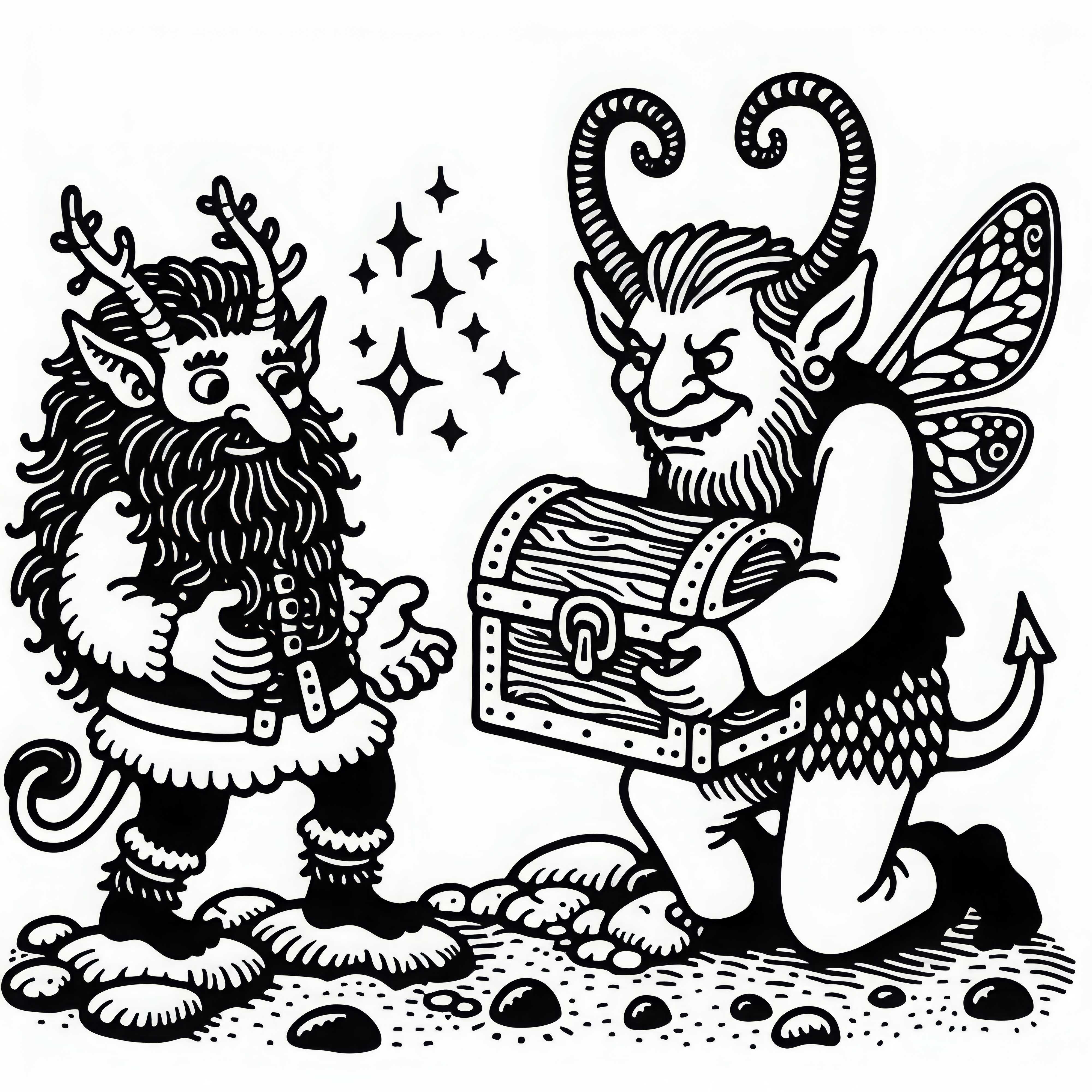 Un faune se dispute avec un troll pour un trésor – image à colorier gratuite