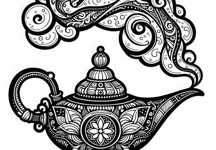 Genio della lampada su una bottiglia decorata: Disegno da colorare gratuito