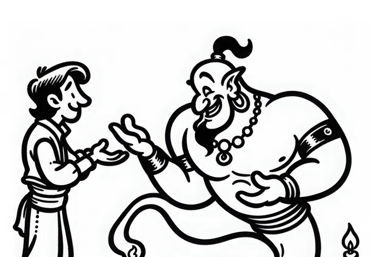 Le génie de la bouteille discute avec un humain de son dernier vœu - coloriage gratuit