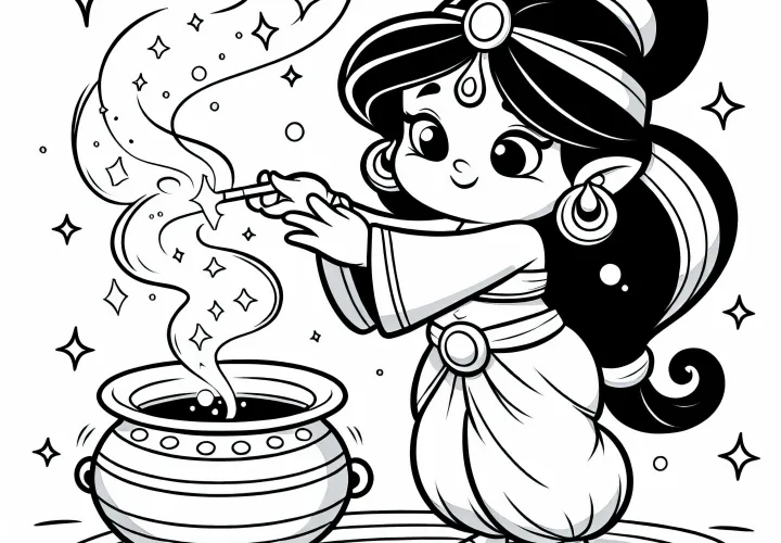 Le génie de la bouteille effectue des sorts - Dessin à colorier gratuit