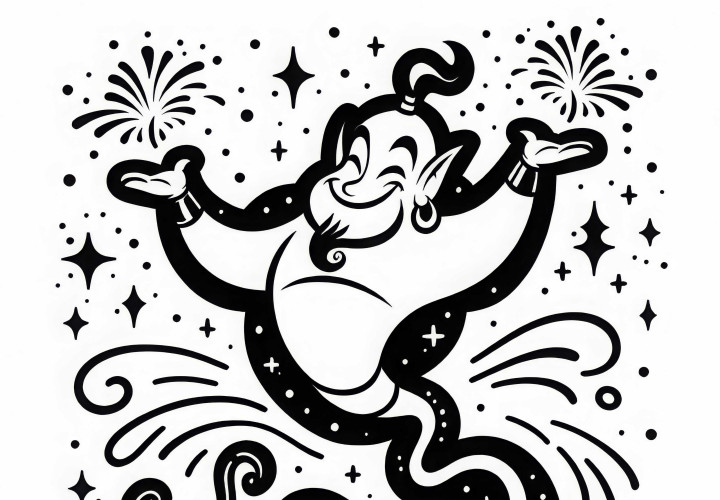 Il genio della bottiglia festeggia la sua libertà – Scarica gratuitamente il disegno da colorare