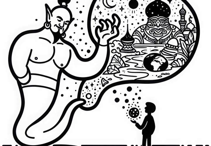 Lo spirito della bottiglia mostra a una persona una visione di un mondo fantastico - Immagine da colorare gratuita Il genio della lampada mostra a una persona una visione di un mondo fantastico - Disegno da colorare gratis