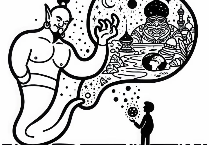 Le génie de la bouteille montre à une personne une vision d'un monde fantastique - Coloriage gratuit