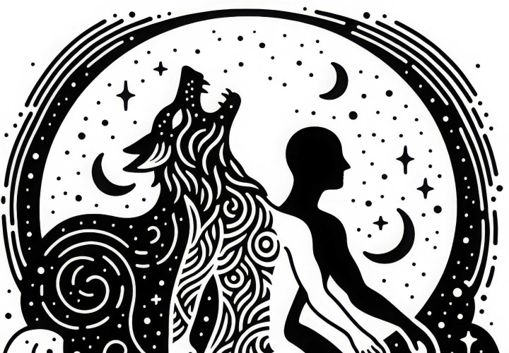 El cambiaformas se transforma de humano a lobo en luna llena – Dibujo para colorear El cambiante se transforma de humano en lobo durante la luna llena - Imagen para colorear