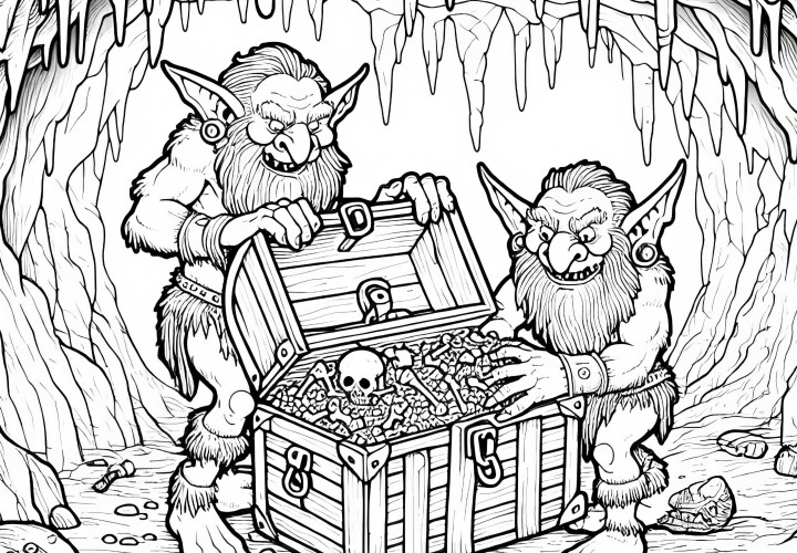 Les gobelins pillent un coffre au trésor dans une grotte – Modèle à colorier gratuit