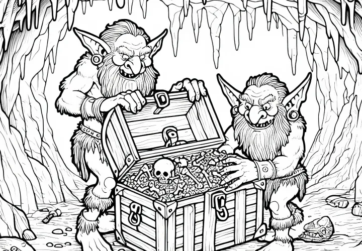 Les gobelins pillent un coffre au trésor dans une grotte – Modèle à colorier gratuit