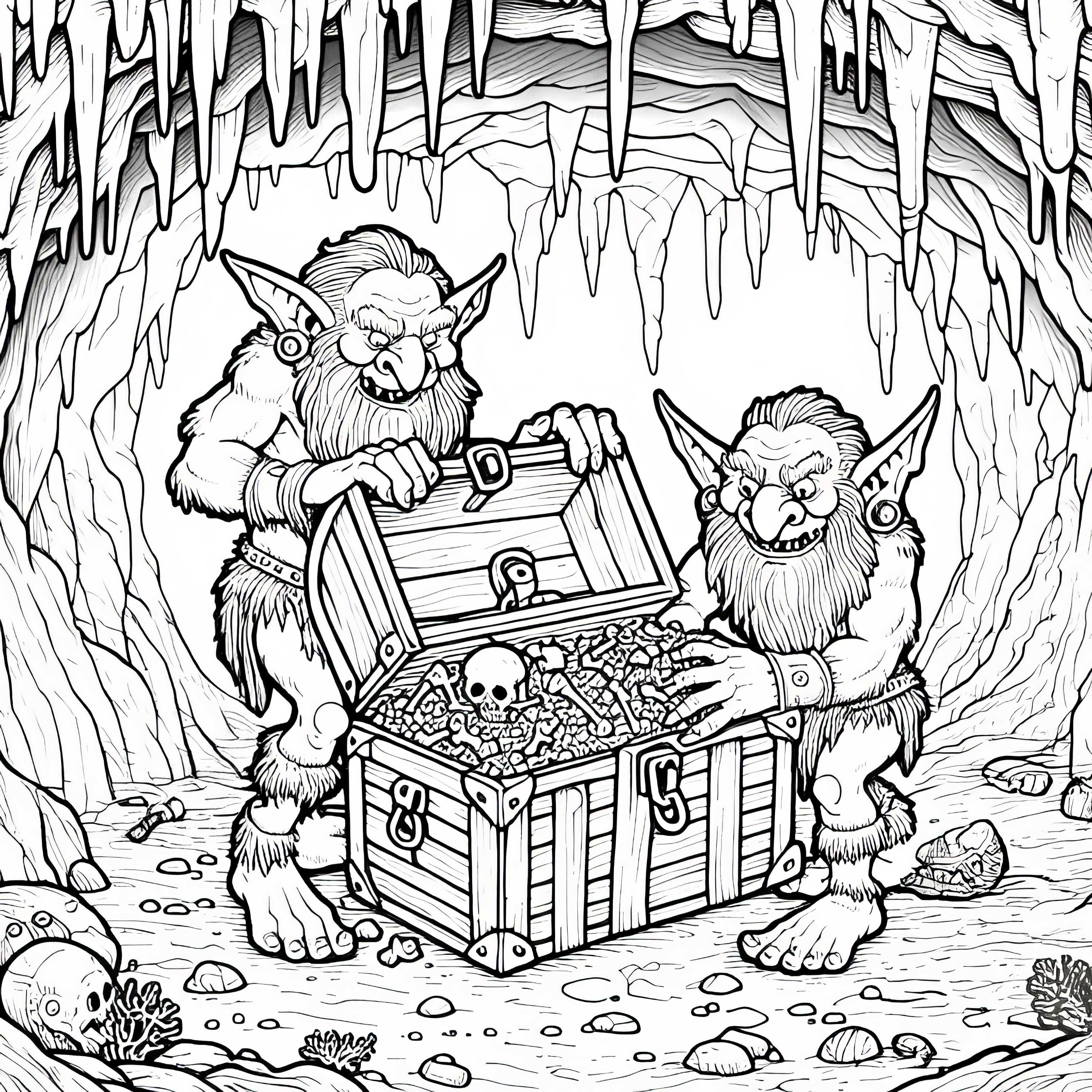 Des gobelins pillent un coffre au trésor dans une grotte – Modèle de coloriage gratuit