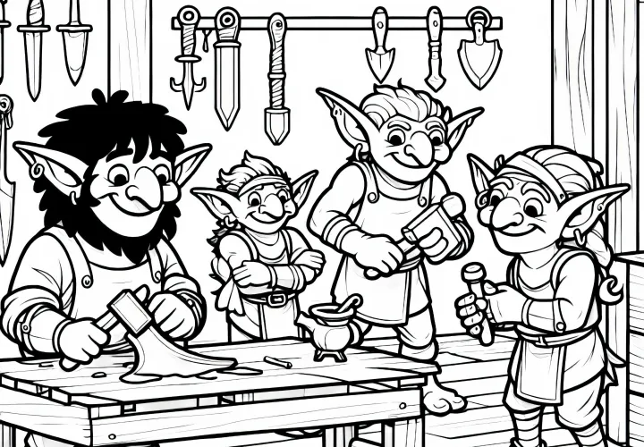 Les gobelins travaillent dans l'atelier et forgent des armes - Modèle de coloriage gratuit