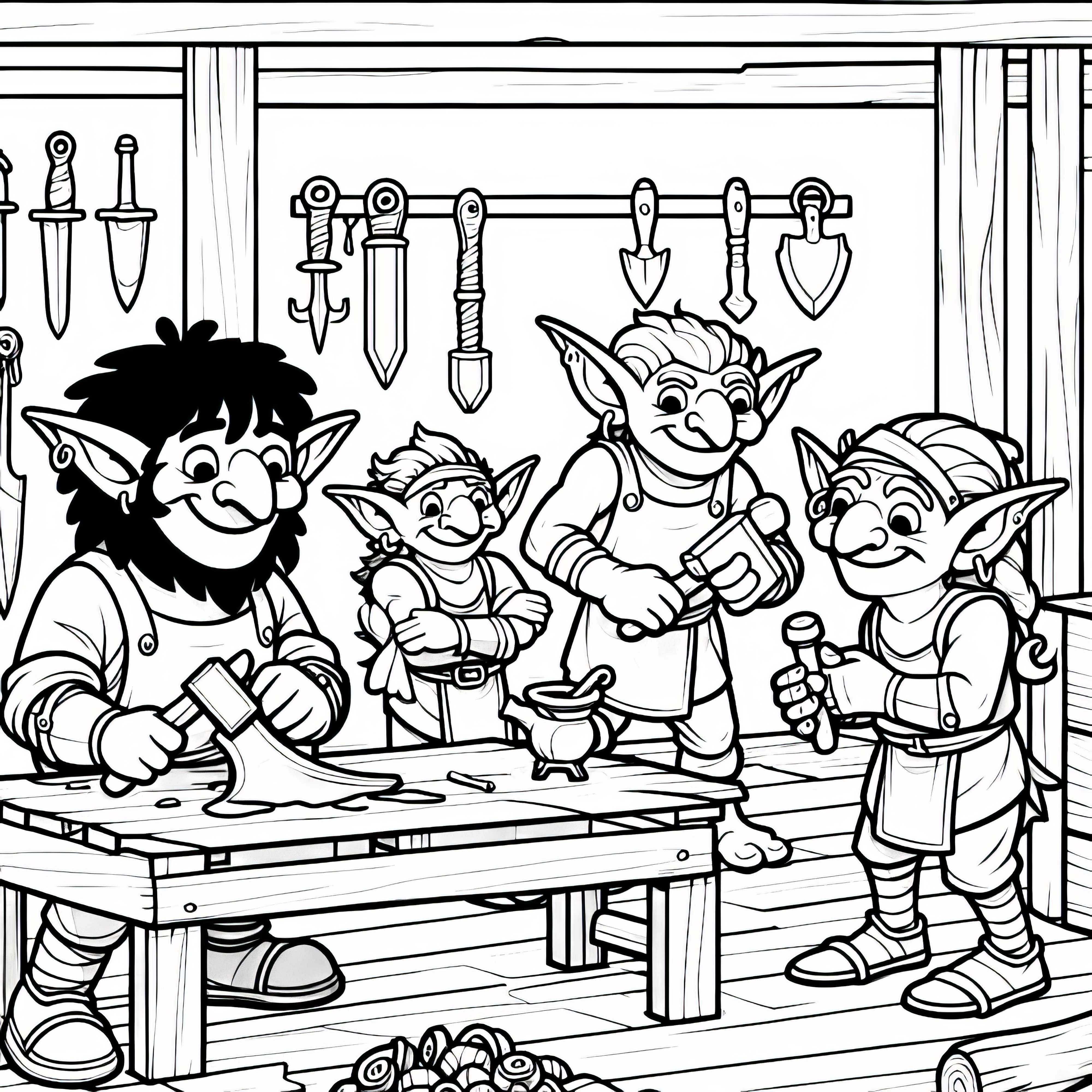 Les gobelins travaillent dans l'atelier et forgent des armes - Page à colorier gratuite