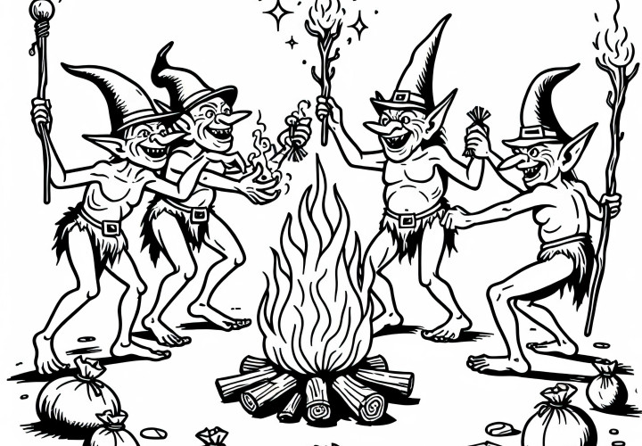 Des gobelins dansent autour du feu de camp et célèbrent avec des butins - modèle à colorier gratuit