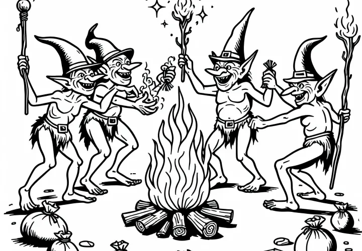 Des gobelins dansent autour du feu de camp et célèbrent avec des butins - modèle à colorier gratuit