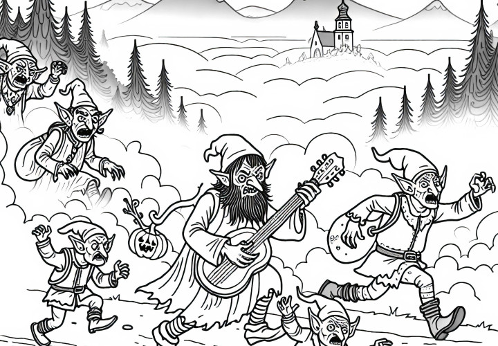 Les gobelins chassent les voyageurs sur un chemin brumeux - Coloriage gratuit