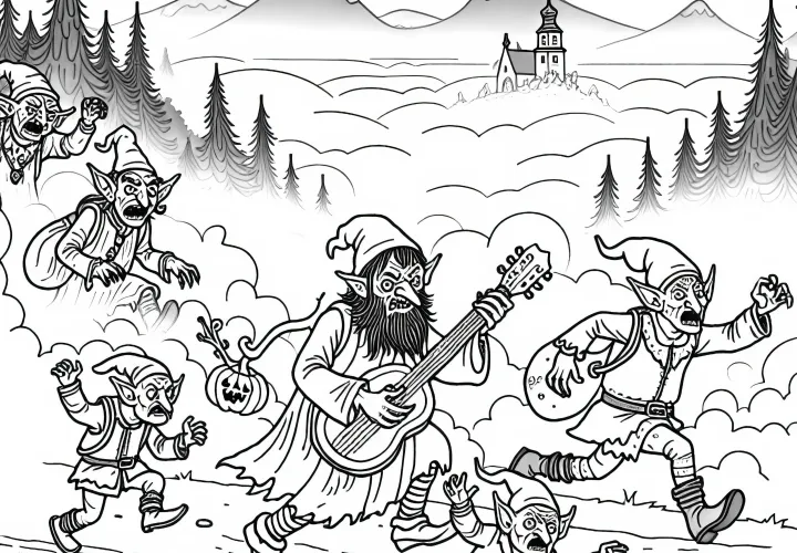 Les gobelins chassent les voyageurs sur un chemin brumeux - Coloriage gratuit
