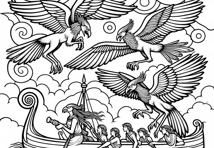 Des harpies tournent autour du navire et attaquent l'équipage - Page à colorier gratuite