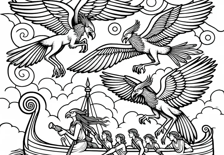 Des harpies tournent autour du navire et attaquent l'équipage - Page à colorier gratuite