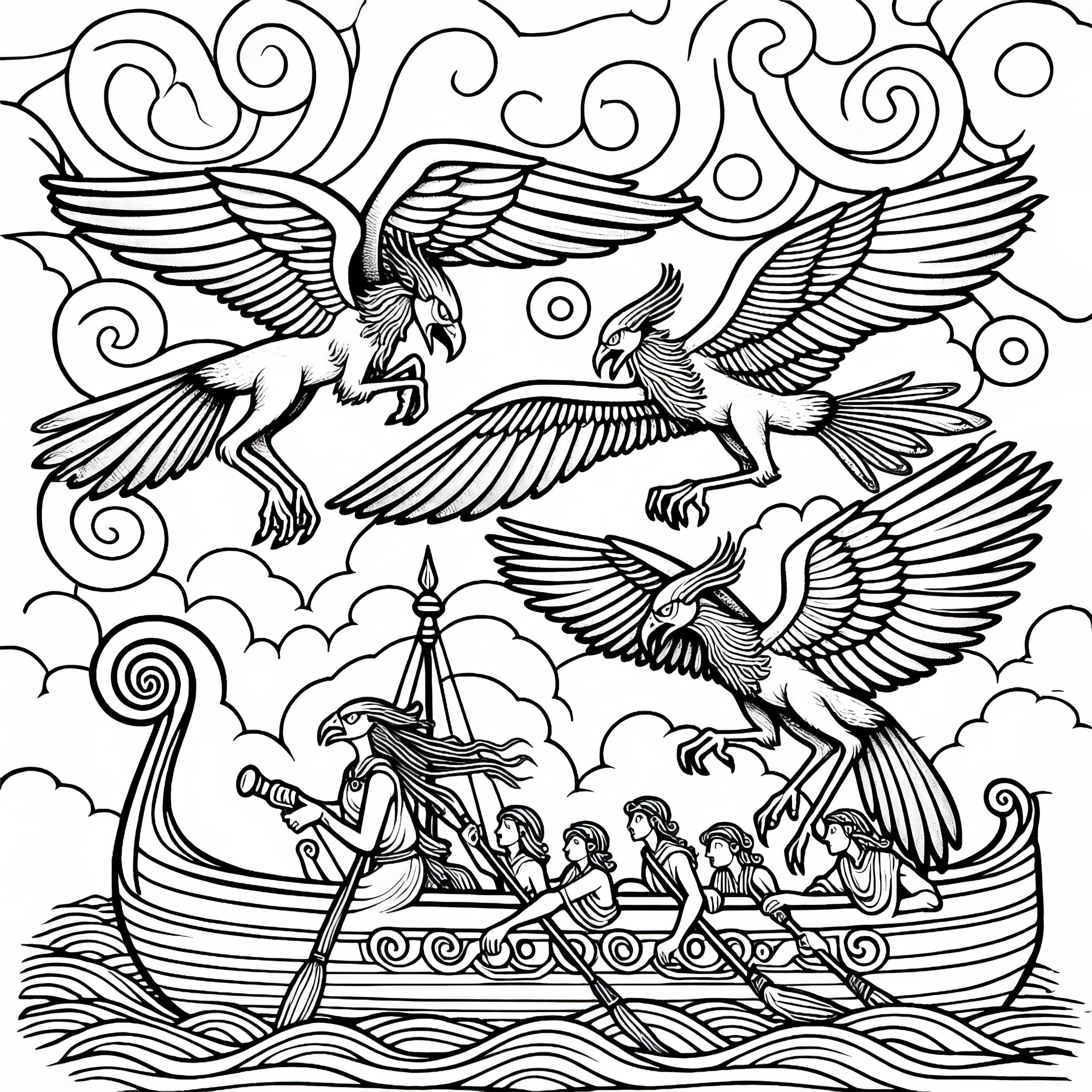 Des harpies tournent autour du navire et attaquent l'équipage - dessin à colorier gratuit
