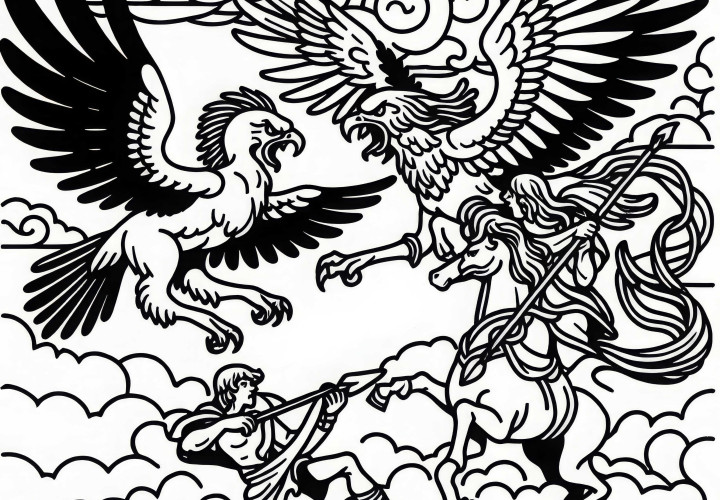 Des harpies se battent dans les airs contre des héros courageux – Coloriage gratuit