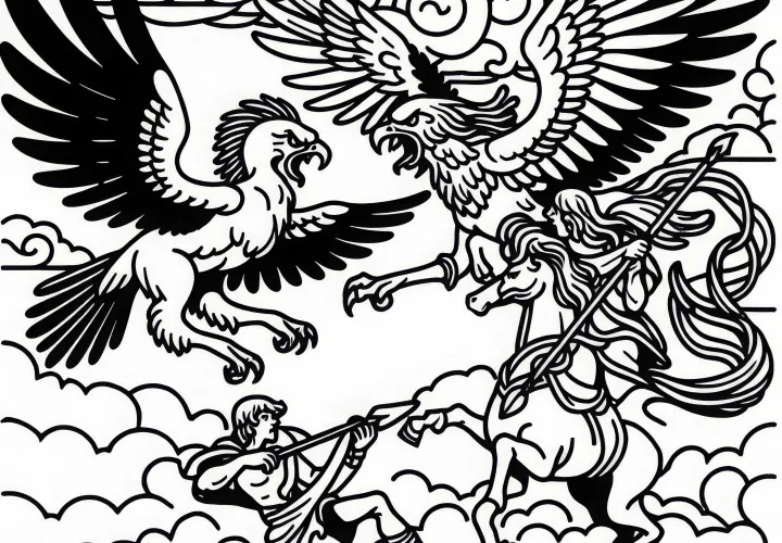 Des harpies se battent dans les airs contre des héros courageux – Coloriage gratuit