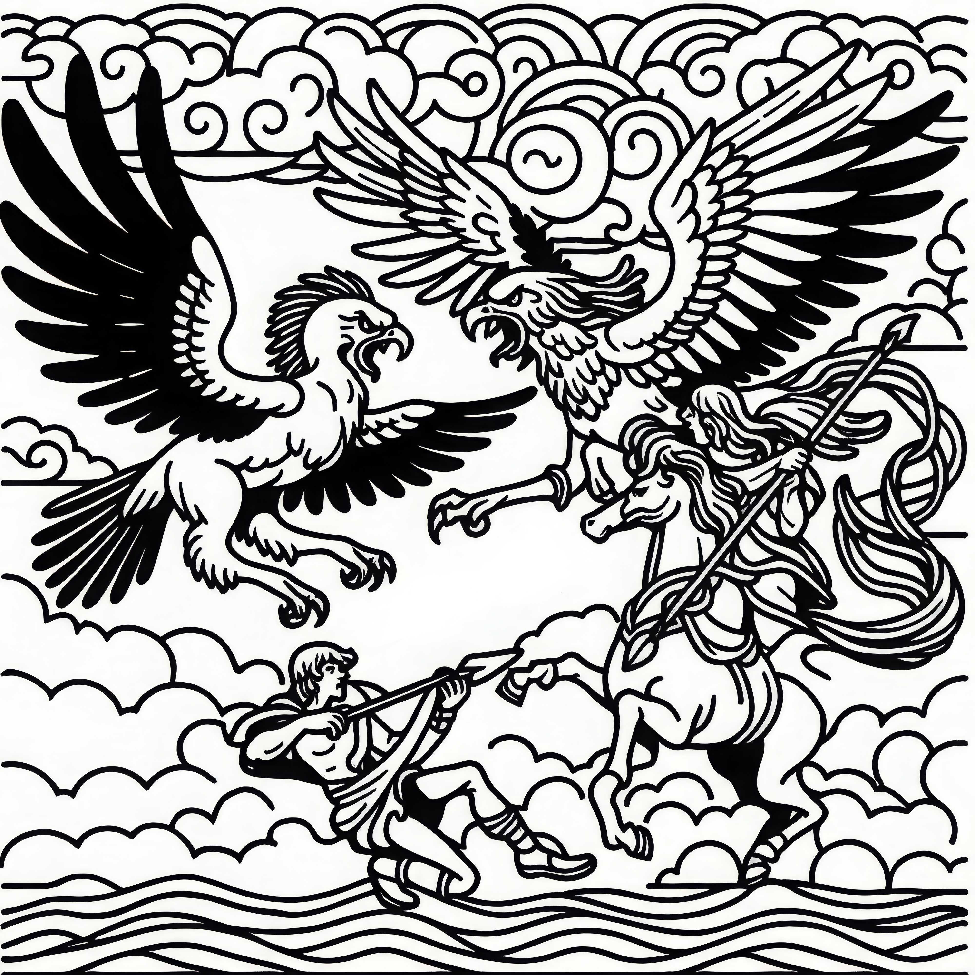 Des harpies se battent dans les airs contre des héros courageux – Dessin à colorier gratuit