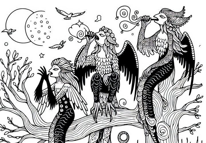 Les harpies sont assises sur un arbre et chantent un chant inquiétant - Dessin à colorier gratuit