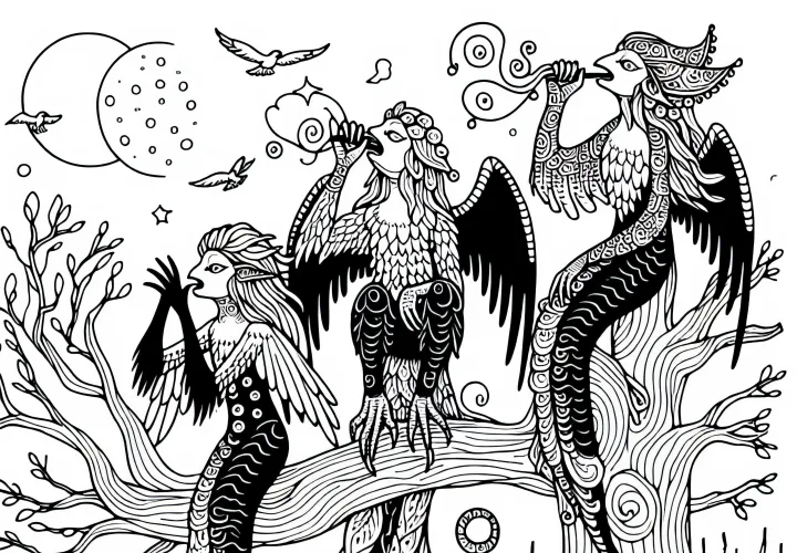 Les harpies sont assises sur un arbre et chantent un chant inquiétant - Dessin à colorier gratuit