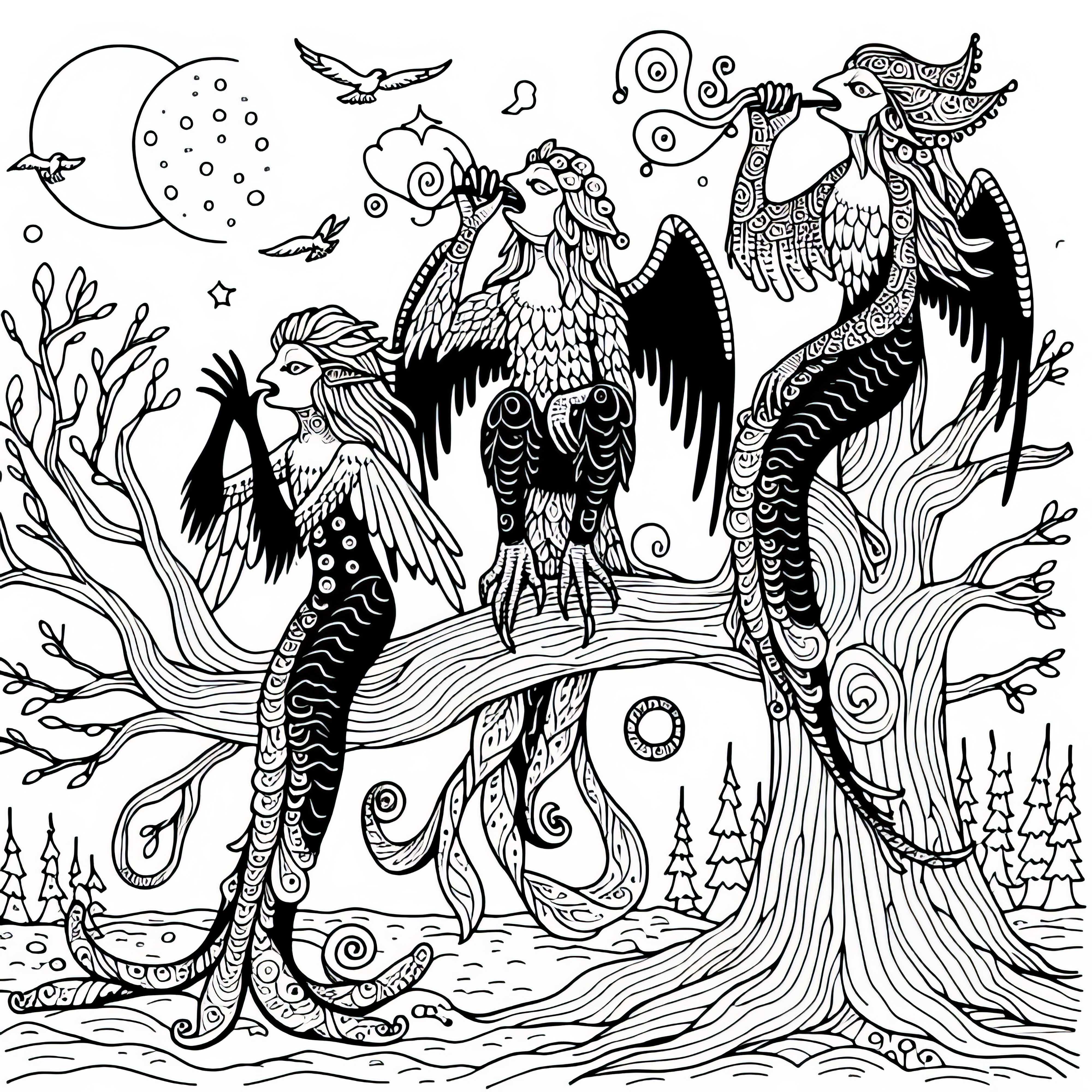 Les harpies sont perchées sur un arbre et chantent un chant sinistre - Coloriage gratuit