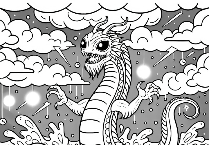Leviathan se lève de la mer tempétueuse – Modèle de coloriage gratuit