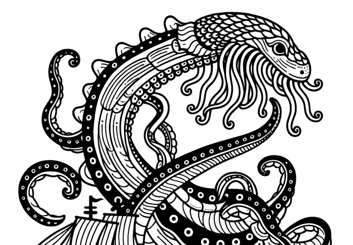 Leviathan attaque des navires - Image à colorier gratuite