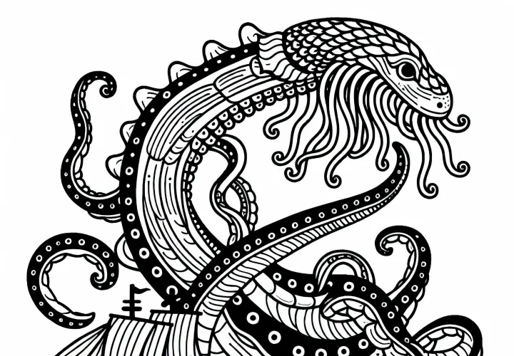 Leviathan attaque des navires - Image à colorier gratuite
