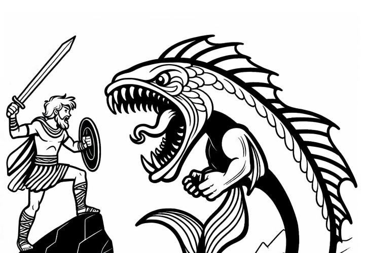 Leviathan combat un héros courageux qui se tient sur un rocher - coloriage gratuit