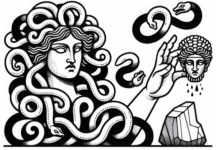 Medusa mengubah pengganggu menjadi batu dengan tatapannya - Gambar mewarnai gratis