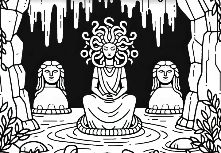 Medusa duduk di gua, dikelilingi oleh patung-patung batu – Gambar untuk diwarnai gratis Medusa duduk di gua, dikelilingi oleh patung-patung batu – Gambar untuk diwarnai gratis