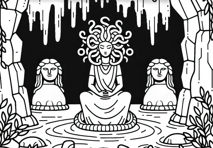Medusa est assise dans une grotte, entourée de statues de pierre - Image à colorier gratuite