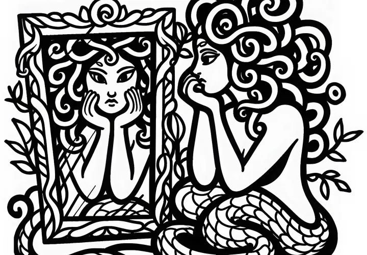 Méduse se regarde dans un miroir brisé - Amusement artistique sur le chemin