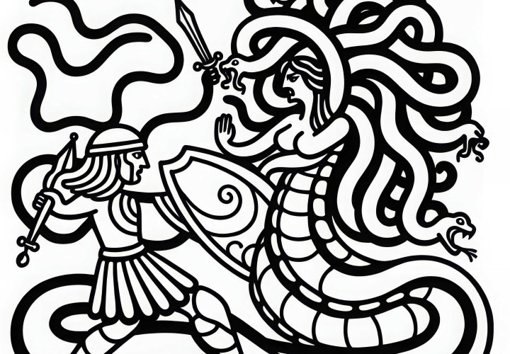 Medusa bertarung dengan rambut ular melawan pahlawan - Gambar untuk diwarnai gratis