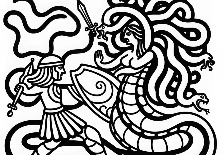 Méduse se bat avec ses cheveux serpents contre des héros - Image à colorier gratuite