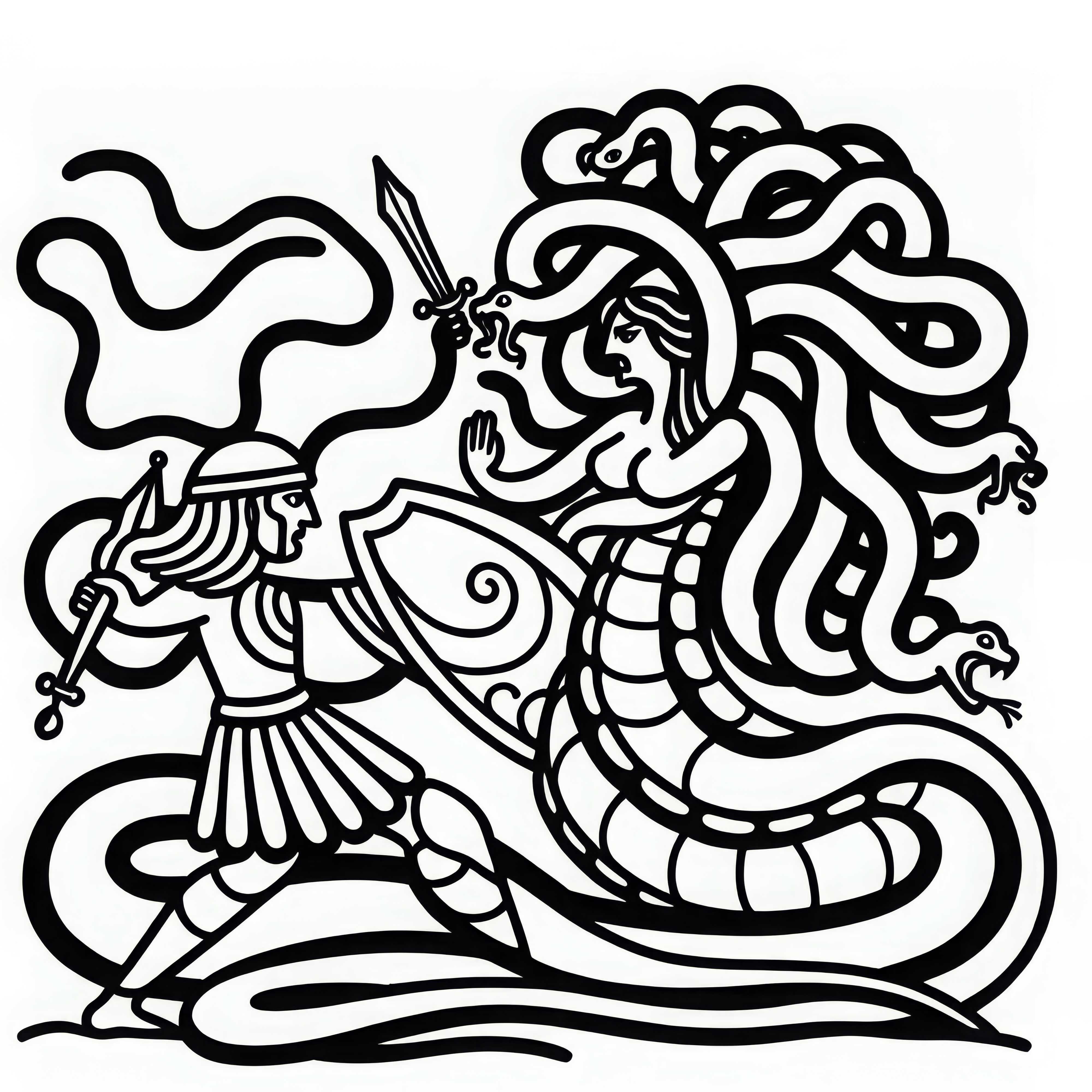 Medusa bertarung dengan rambut ular melawan pahlawan - Gambar untuk diwarnai gratis Medusa bertarung dengan rambut ular melawan pahlawan - Gambar untuk diwarnai gratis