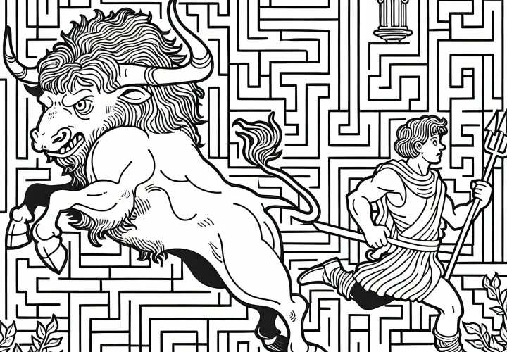 Minotaure et héros se perdent dans le labyrinthe – dessin à colorier à télécharger