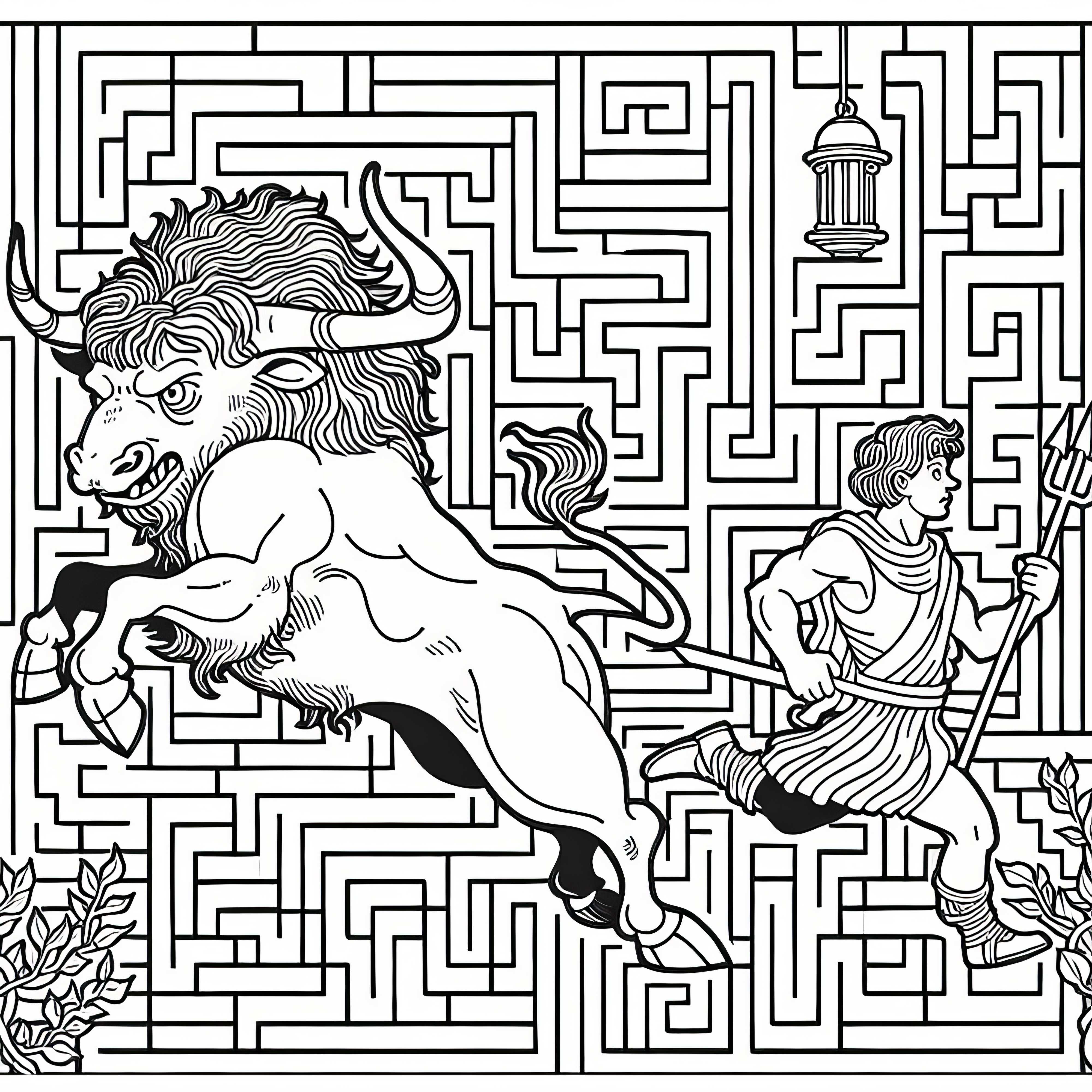 Minotaure et héros se perdent dans le labyrinthe - Dessin à colorier à télécharger