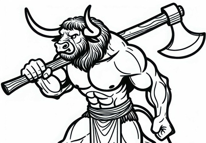 Le Minotaure lève une lourde hache – Modèle à colorier gratuit
