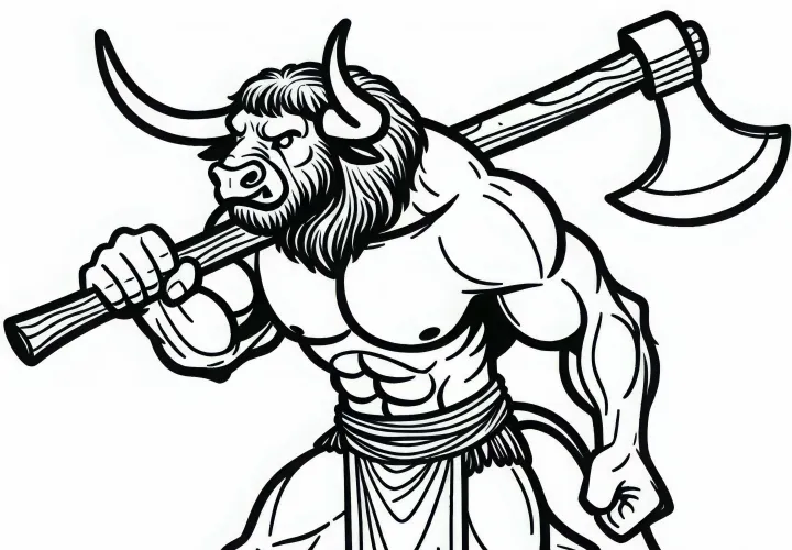 Le Minotaure lève une lourde hache – Modèle à colorier gratuit