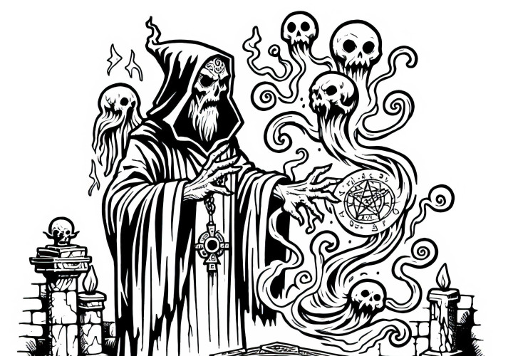 Nécromancien invoque des esprits d'un ancien grimoire - Colorier gratuitement