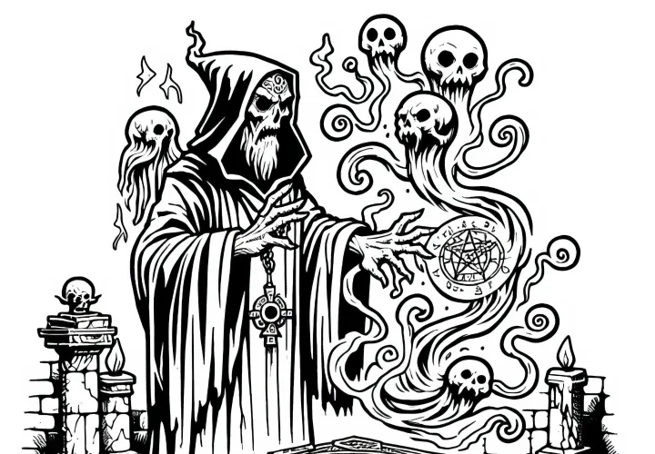 Nécromancien invoque des esprits d'un ancien grimoire - Colorier gratuitement