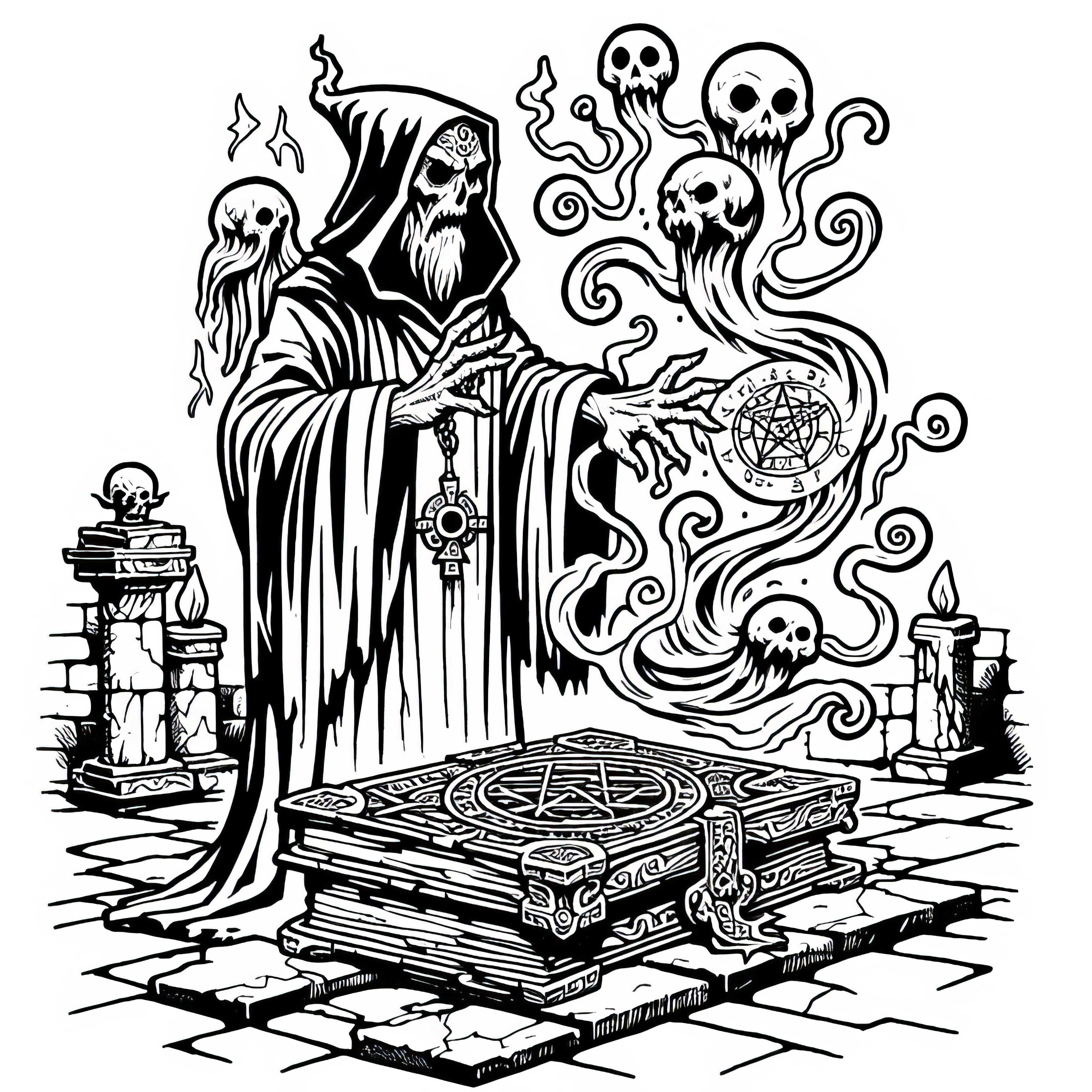 Nécromancien invoque des esprits d'un ancien grimoire - Image à colorier gratuite