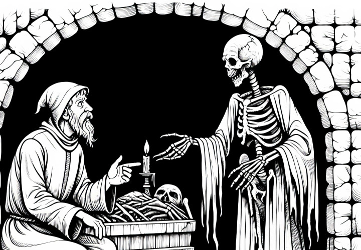 Nécromancien parle avec un serviteur mort-vivant dans une crypte sombre - Dessin à colorier gratuit