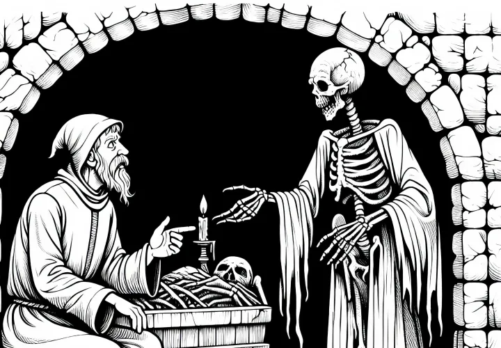 Nécromancien parle avec un serviteur mort-vivant dans une crypte sombre - Dessin à colorier gratuit